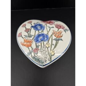 Vintage 70s Floral Ceramic Heart Lidded Trinket Box WBI China